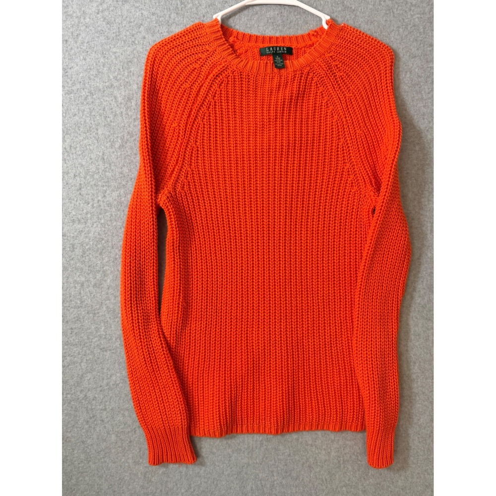 Lauren Ralph Lauren Sweater Women Small Orange Cotton Shaker Stitch Crewneck